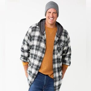 Flannel button up hoodie style Gray, black and white